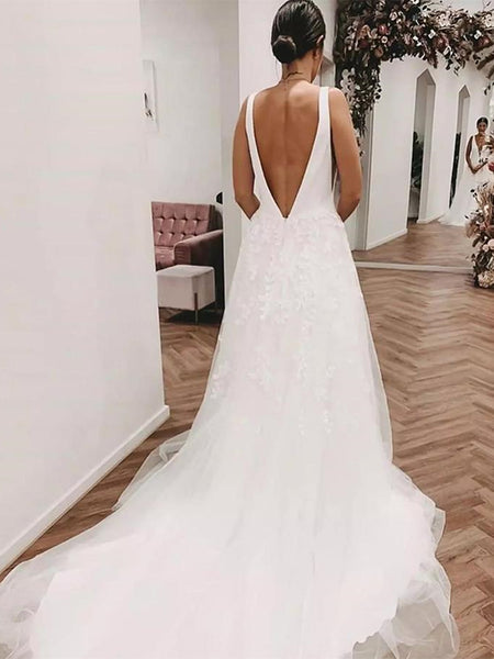 Deep V Neck and V Back White Lace Long Prom Wedding Dresses with Train, White Lace Formal Dresses, V Neck White Evening Dresses SP2188