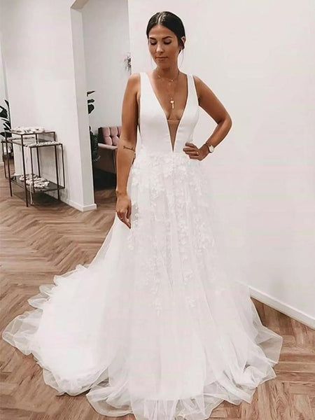 Deep V Neck and V Back White Lace Long Prom Wedding Dresses with Train