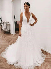 A Line Deep V Neck Open Back White Long Prom Wedding Dresses, Long Ope –  Eip Collection