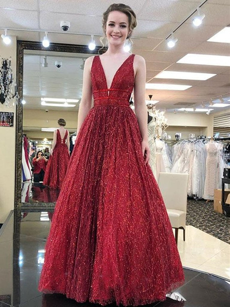 Deep V Neck And V Back Sparkly Champagne/Burgundy Long Prom Dresses wi Shiny Party Deep V Neck And V Back Sparkly Champagne/Burgundy Long Prom Dresses wi Shiny Party