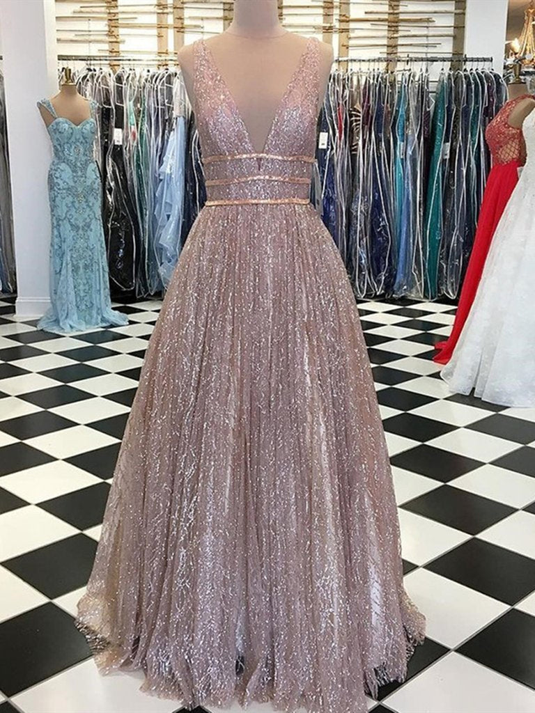 Deep V Neck And V Back Sparkly Champagne/Burgundy Long Prom Dresses wi Shiny Party Deep V Neck And V Back Sparkly Champagne/Burgundy Long Prom Dresses wi Shiny Party