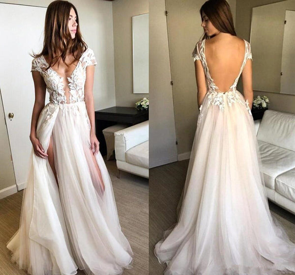 Deep V Neck Cap Sleeves Backless Tulle Lace Wedding Dresses with Appliques, Lace Prom Dresses, Formal Dresses
