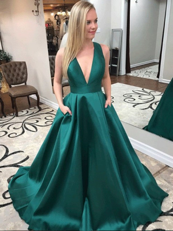 Deep V Neck Dark Green Prom Dresses With Pockets, Dark Green Formal Dr Shiny Party Deep V Neck Dark Green Prom Dresses With Pockets, Dark Green Formal Dr Shiny Party