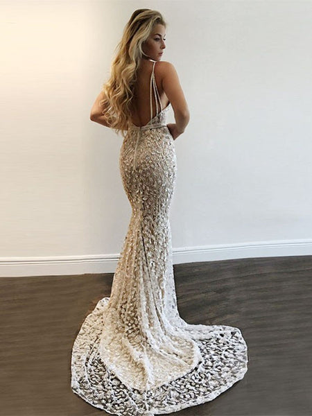 Deep V Neck Spaghetti Straps Mermaid Backless Lace Silver Prom Dresses with Sequins, Silver Formal Dresses with Train, Evening Dresses