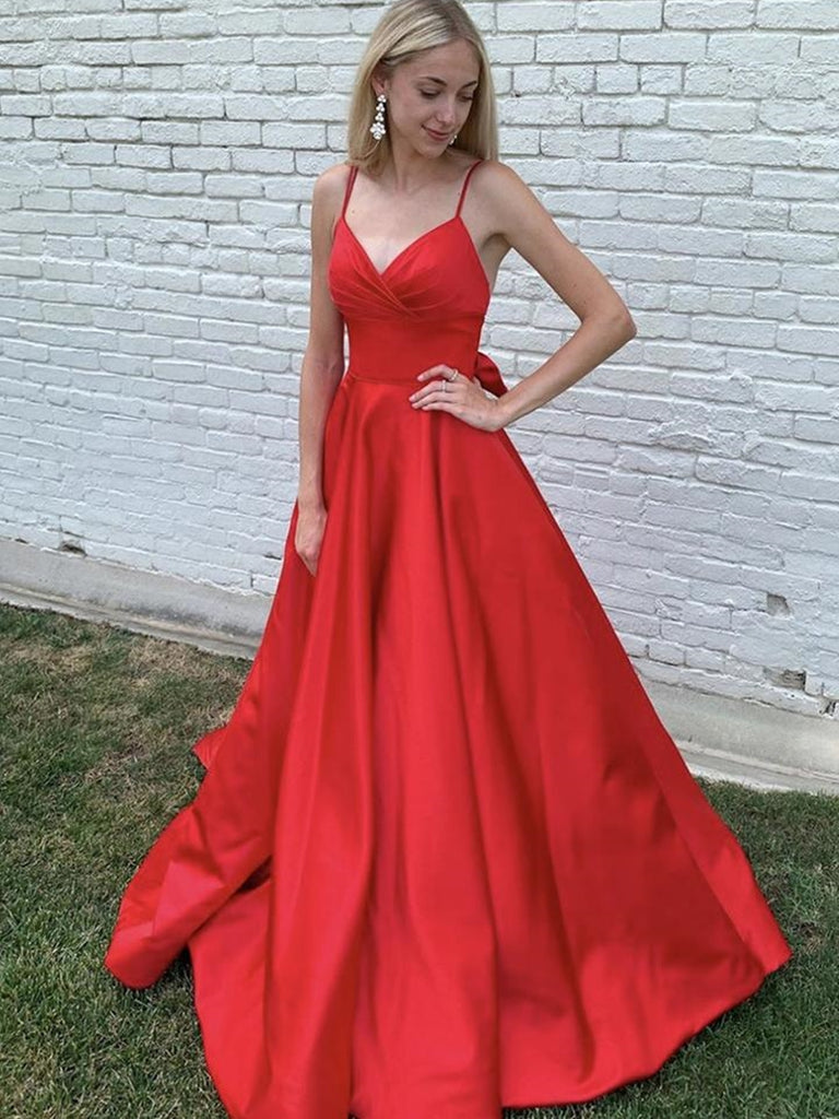 Elegant A Line V Neck Red Long Prom Dresses, V Neck Red Formal Graduation Evening Dresses, Red Party Dresses