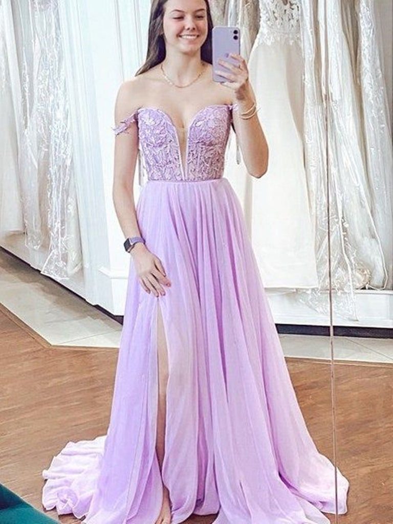 Elegant Blue/Purple V Neck Lace Chiffon Long Prom Dresses with High Sl