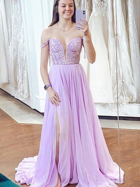 Elegant Blue/Purple V Neck Lace Chiffon Long Prom Dresses with High Slit, Blue/Purple Lace Formal Graduation Evening Dresses SP2304
