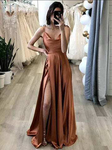 Elegant Brown Satin Long Prom Dresses with High Slit, Long Brown Formal Graduation Evening Dresses SP2207