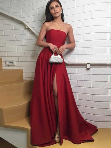 Elegant Dark Red Strapless Satin Long Prom Dresses with Side High Slit, Dark Red Formal Graduation Evening Dresses SP2231