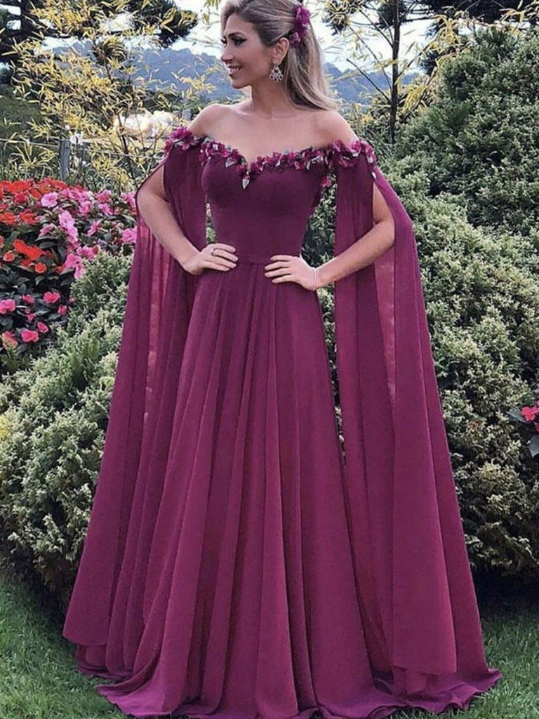 Elegant Floral Purple Chiffon Long Prom Dresses, Purple Formal Graduat