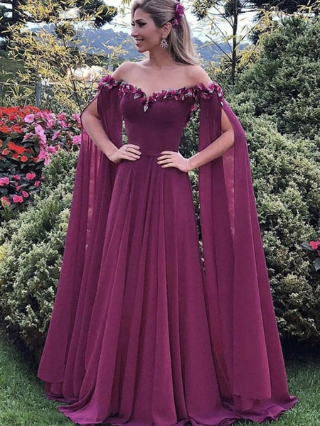 Elegant Floral Purple Chiffon Long Prom Dresses, Purple Formal Graduation Evening Dresses