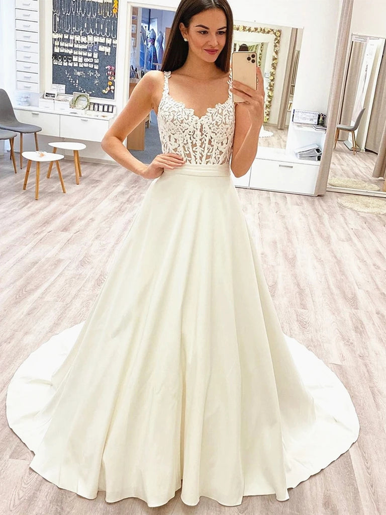 Elegant Long White Lace Wedding Dresses with Train, White Lace Prom Formal Evening Dresses