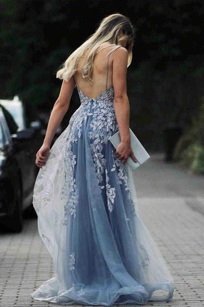 Elegant Mermaid Backless V Neck Blue Lace Long Prom Dresses, Mermaid Blue Formal Dresses, Blue Lace Evening Dresses SP2325