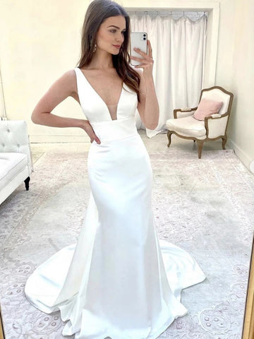 Elegant Mermaid V Neck White Satin Long Prom Dresses, Mermaid White Formal Dresses, White Evening Dresses