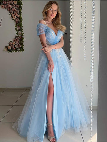 Elegant Off Shoulder Light Blue Tulle Long Prom Dresses, Off the Shoulder Light Blue Formal Evening Dresses