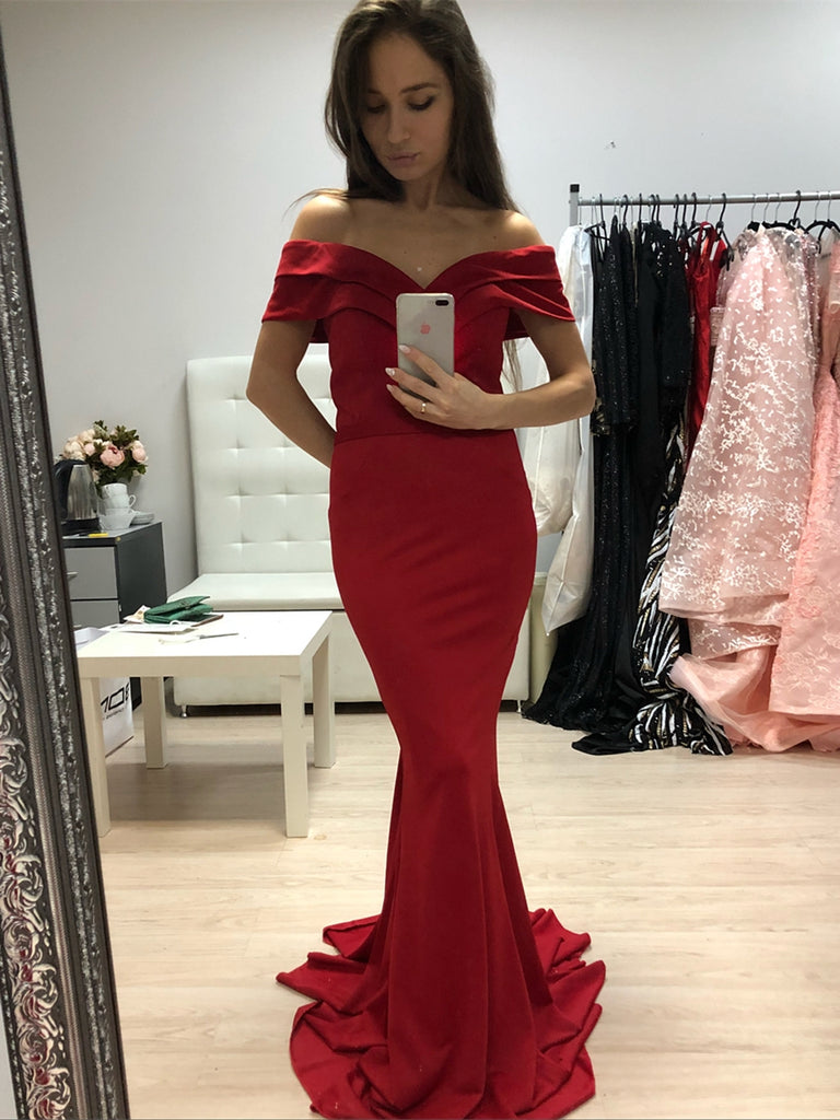 Elegant Off Shoulder Mermaid Long Red Prom Dresses, Off Shoulder Merma Shiny Party Elegant Off Shoulder Mermaid Long Red Prom Dresses, Off Shoulder Merma Shiny Party