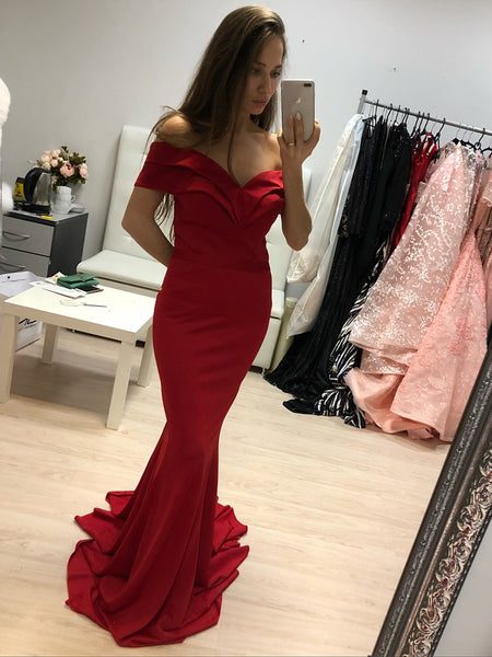 Elegant Off Shoulder Mermaid Long Red Prom Dresses, Off Shoulder Mermaid Red Formal Graduation Evening Dresses