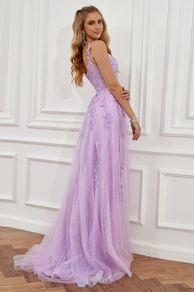 Elegant Off Shoulder Purple Lace Long Prom Dresses with High Slit, Lilac Lace Formal Dresses, Lavender Evening Dresses SP2459