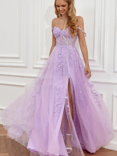Elegant Off Shoulder Purple Lace Long Prom Dresses with High Slit, Lilac Lace Formal Dresses, Lavender Evening Dresses SP2459