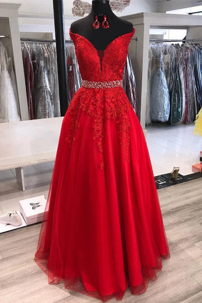 Elegant Off Shoulder Red Lace Long Prom Dresses with Belt, Off Shoulder Red Formal Dresses, Red Lace Evening Dresses