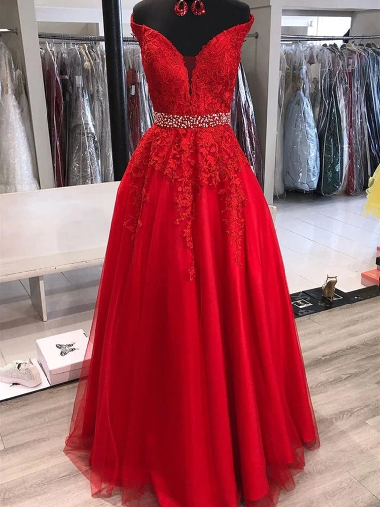 Elegant Off Shoulder Red Lace Long Prom Dresses with Belt, Off Shoulde Shiny Party Elegant Off Shoulder Red Lace Long Prom Dresses with Belt, Off Shoulde Shiny Party