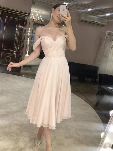 Elegant Off Shoulder Tea Length Pink Prom Dresses, Off Shoulder Pink Formal Graduation Homecoming Dresses