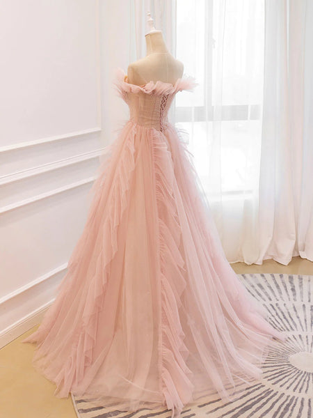 Elegant Off the Shoulder Pink Tulle Long Prom Dresses, Off Shoulder Pink Formal Dresses, Pink Evening Dresses SP2659