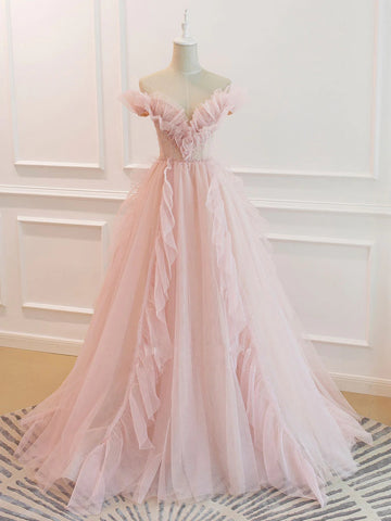 Elegant Off the Shoulder Pink Tulle Long Prom Dresses, Off Shoulder Pink Formal Dresses, Pink Evening Dresses SP2659