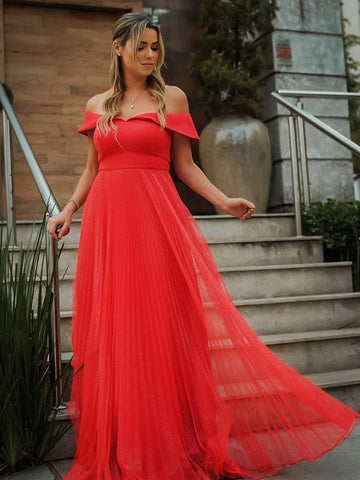 Elegant Off the Shoulder Red Long Prom Dresses, Long Off Shoulder Red Formal Evening Dress