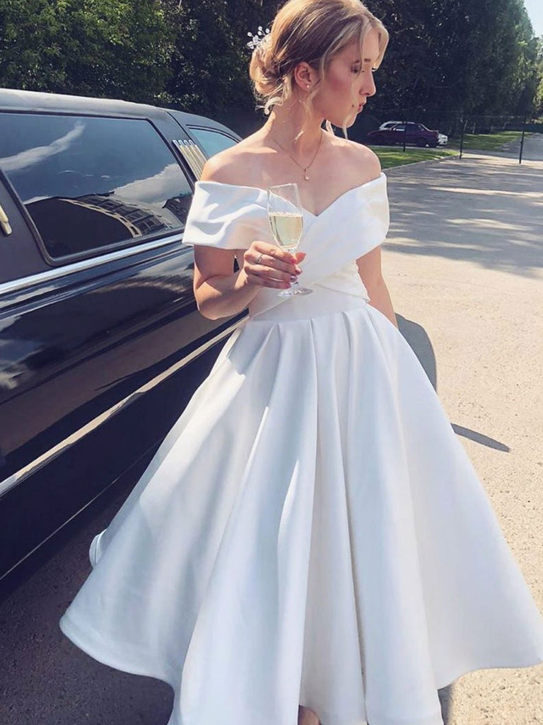 Elegant Off the Shoulder Tea Length White Satin Prom Dresses, Off Shou Shiny Party Elegant Off the Shoulder Tea Length White Satin Prom Dresses, Off Shou Shiny Party