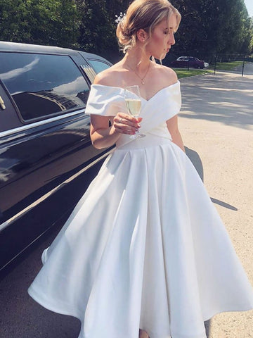 Elegant Off the Shoulder Tea Length White Satin Prom Dresses, Off Shoulder White Formal Graduation Homecoming Dresses