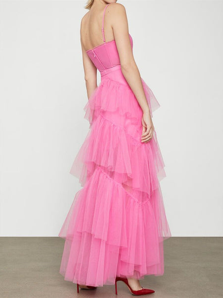 Elegant Open Back Layered Hot Pink Tulle Long Prom Dresses, Hot Pink Tulle Formal Graduation Evening Dresses SP2318