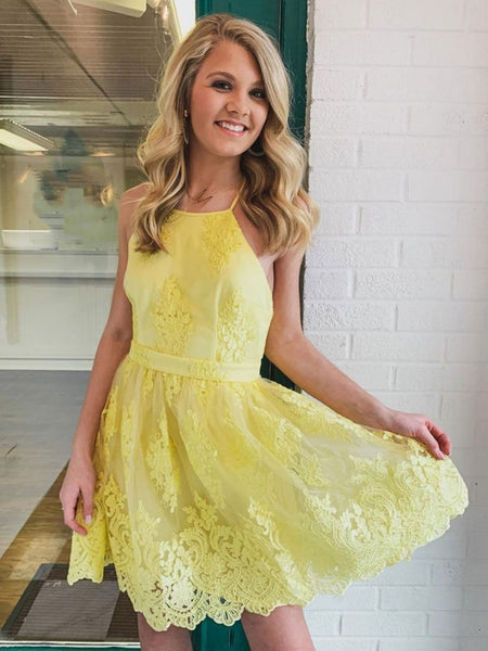 Elegant Open Back Yellow Lace Short Prom Dresses, Yellow Lace Homecoming Dresses, Yellow Formal Evening Dresses