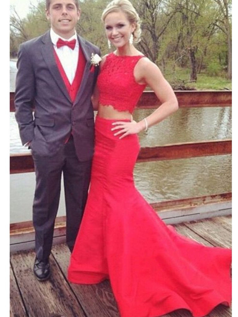 Elegant Red 2 Pieces Mermaid Sweep Train Lace Prom Dress, 2 Pieces Red Formal Dress
