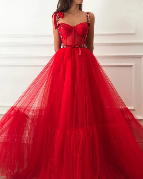 Elegant Red Beaded Floral Long Prom Dresses, Red Floral Long Formal Evening Dresses