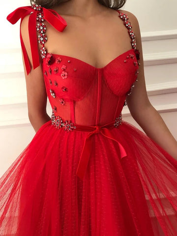 Elegant Red Beaded Floral Long Prom Dresses, Red Floral Long Formal Evening Dresses