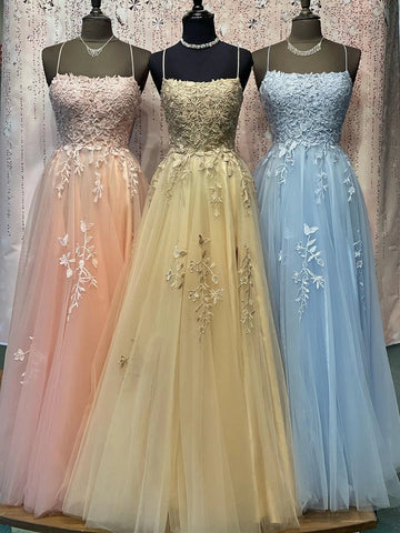 Elegant Spaghetti Straps Beaded Pink/Champagne/Blue Lace Tulle Long Prom Dresses, Pink/Champagne/Blue Lace Formal Graduation Evening Dresses SP2353