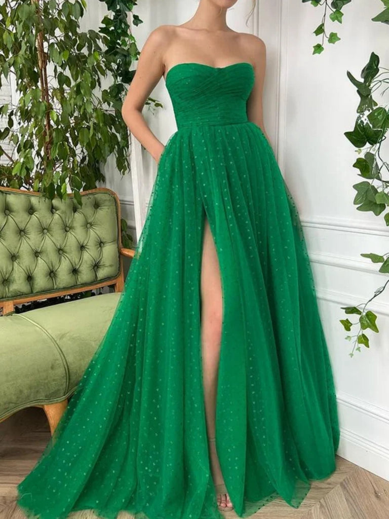 Elegant Strapless Green Tulle Long Prom Dresses with High Slit, Long Green Formal Graduation Evening Dresses SP2612