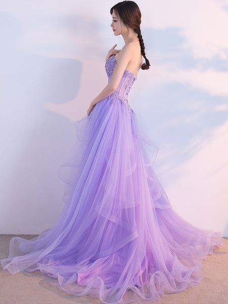 Elegant Strapless Open Back Purple Lace Long Prom Dresses, Purple Lace Formal Evening Dresses, Purple Ball Gown SP2233