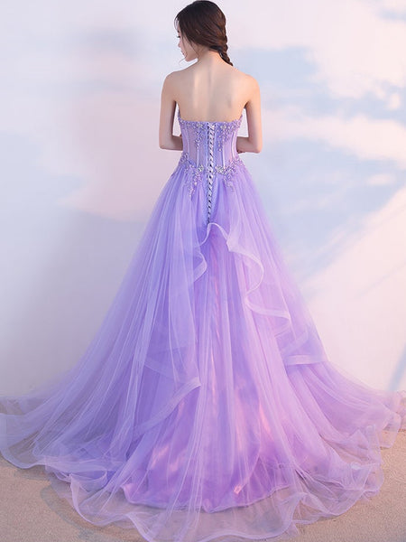 Elegant Strapless Open Back Purple Lace Long Prom Dresses, Purple Lace Formal Evening Dresses, Purple Ball Gown SP2233