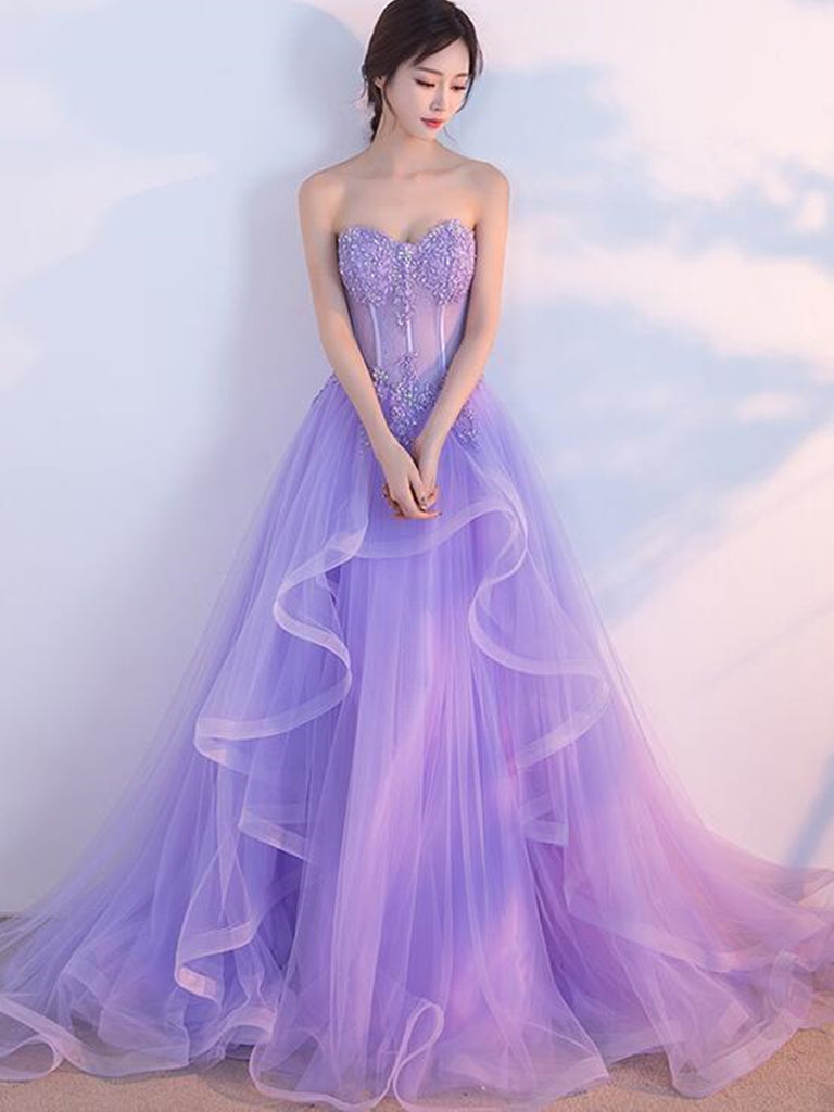 Elegant Purple Lace Quinceaera Dress with Puffy Shoulder Details | MUSE AI