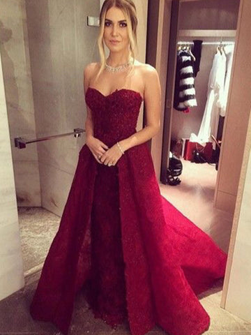 Elegant Sweetheart Neck Lace Burgundy Prom Dresses，Lace Wine Red Formal Dresses