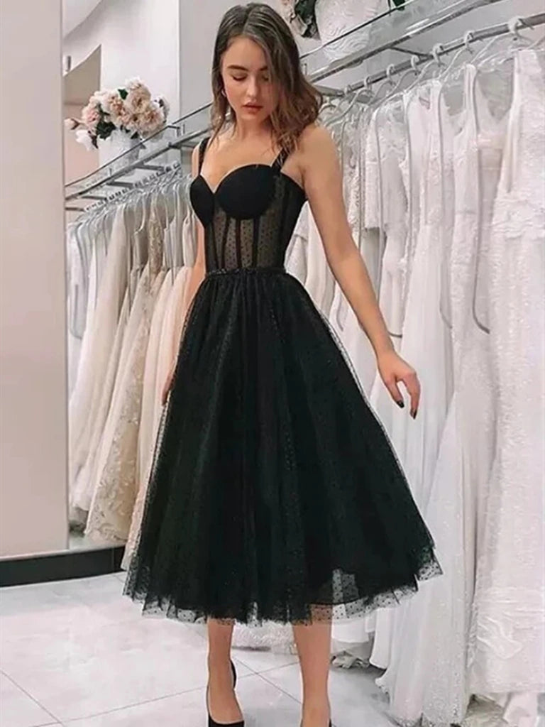 Elegant Sweetheart Neck Tea Length Black Prom Dresses, Sweetheart Neck Black Formal Graduation Homecoming Dresses Elegant Sweetheart Neck Tea Length Black Prom Dresses, Sweetheart Neck Black Formal Graduation Homecoming Dresses
