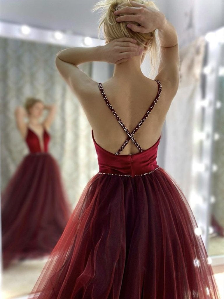 Elegant V Neck Backless Burgundy Long Prom Dresses, V Neck Wine Red Formal Graduation Evening Dresses