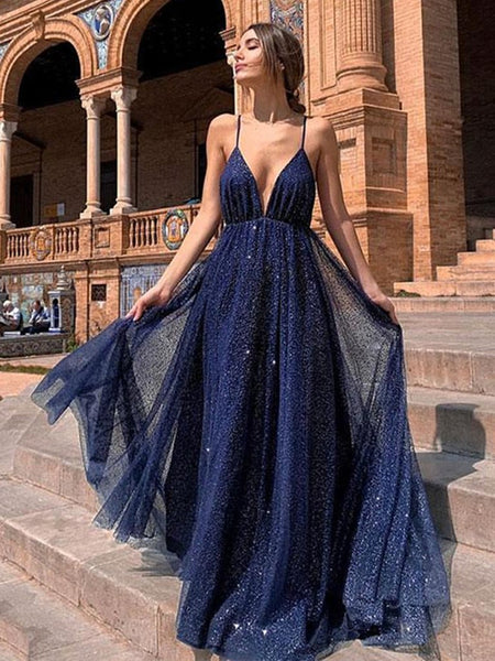Elegant V Neck Backless Navy Blue Long Prom Dresses, Sparkly Navy Blue Formal Evening Dresses