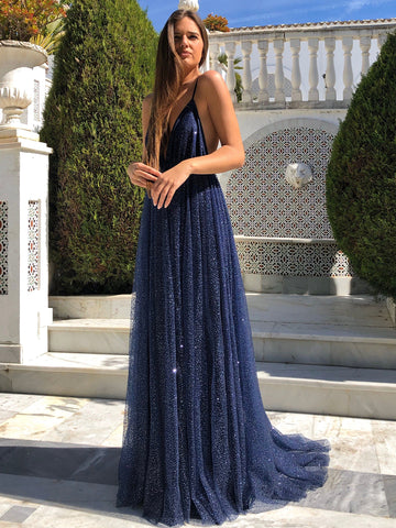 Elegant V Neck Backless Navy Blue Long Prom Dresses, Sparkly Navy Blue Formal Evening Dresses