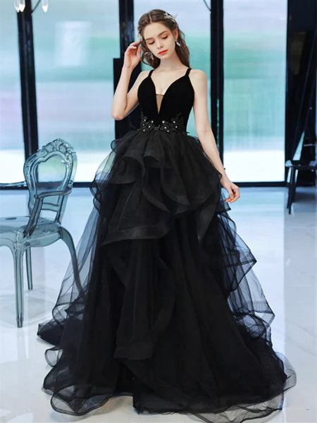 Elegant V Neck Open Back Black Tulle Long Prom Dresses, Long Black Formal Graduation Evening Dresses SP2543