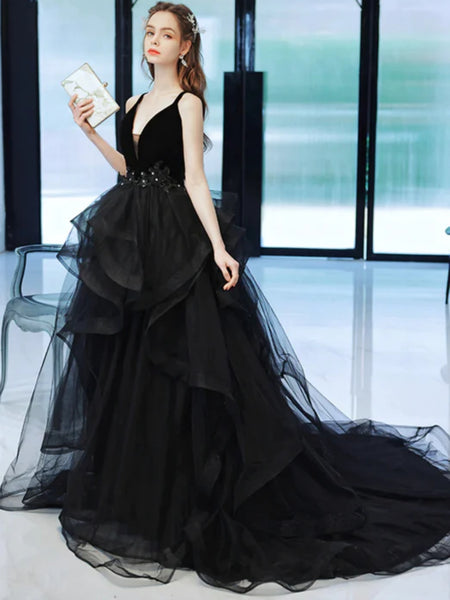Elegant V Neck Open Back Black Tulle Long Prom Dresses, Long Black Formal Graduation Evening Dresses SP2543