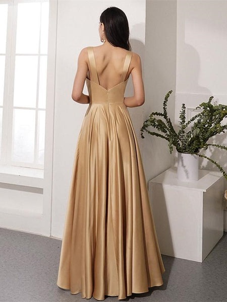 Elegant V Neck Open Back Golden Long Prom Dresses with Leg Slit, V Neck Golden Formal Graduation Evening Dresses, Golden Party Dresses
