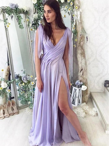Elegant V Neck Purple Chiffon Long Prom Dresses with High Slit, V Neck Purple Formal Dresses, Purple Evening Dresses